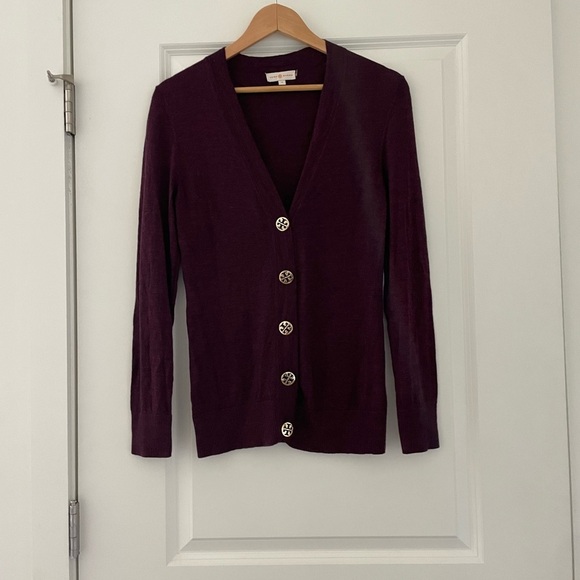 Tory Burch Simone Merino Wool Logo Button Cardigan Sweater Quiet Luxury - Picture 2 of 8